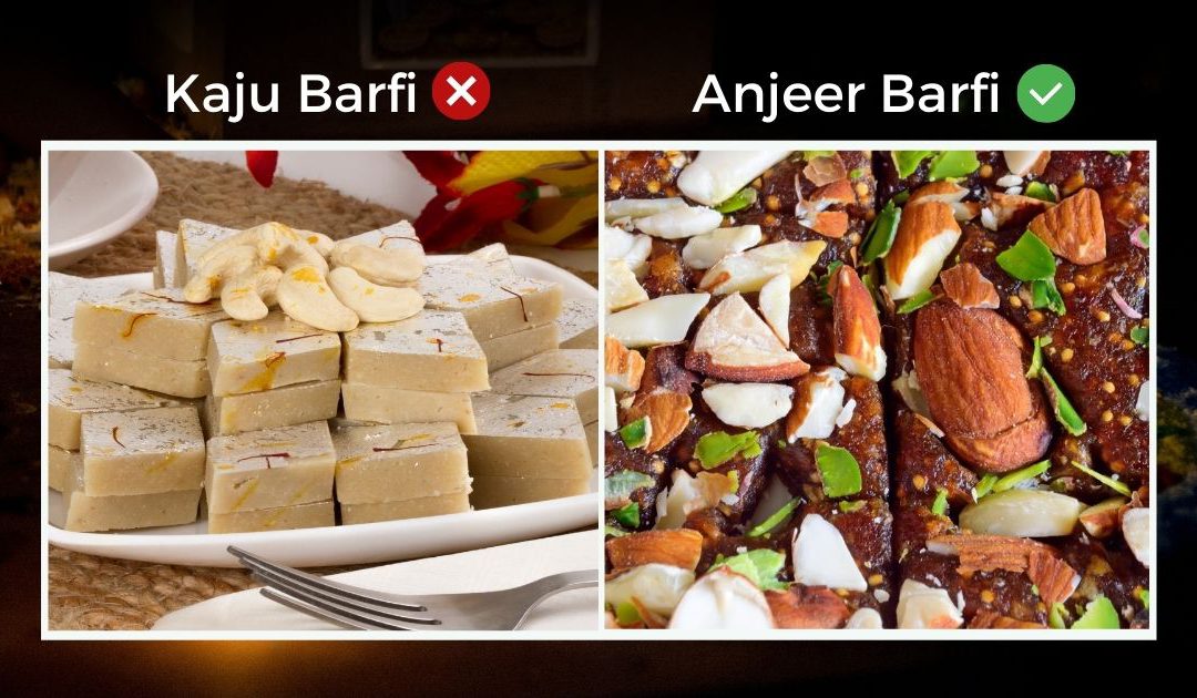 side by side of kanju barfi and anjeer barfi